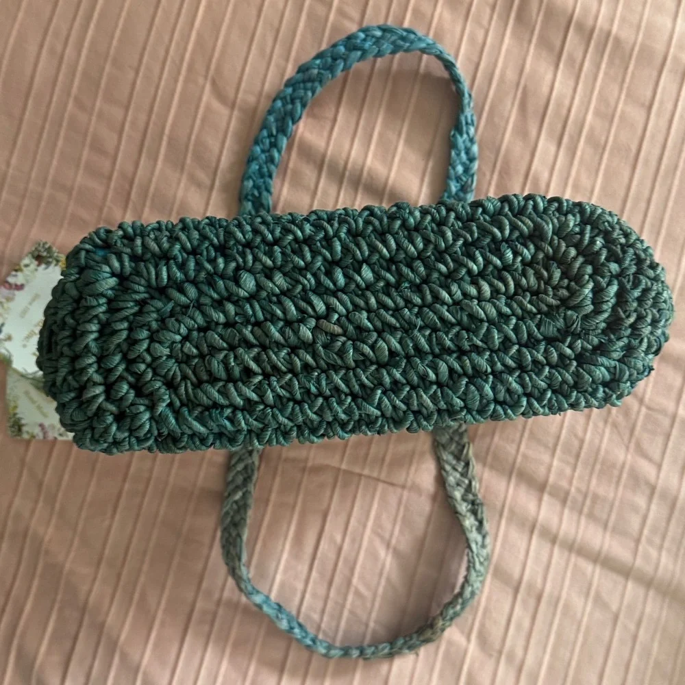 Cappella Straworld Boho Beach Bag Tote Zipper Closure Handwoven Teal Crochet